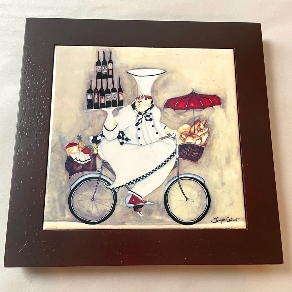 Jennifer Garant ‘Fat Chef’ Tile Trivet Wood Frame Decor